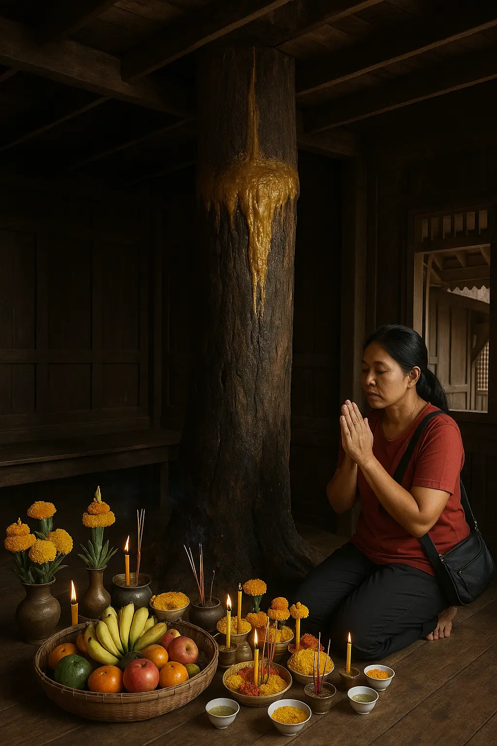 เสาตะเคียนตกน้ำมันในบ้านไม้ไทยเก่าแก่