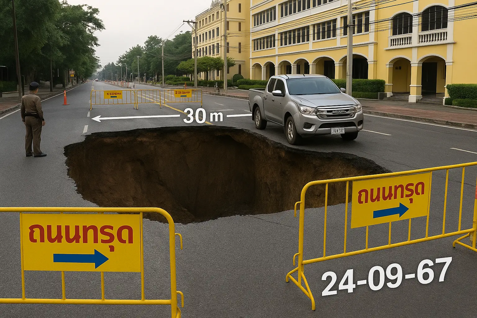 ชาวบ้านแห่จดเลข ถนนทรุดหน้ารพ.วชิรฯ กระบะรอดหวุดหวิด