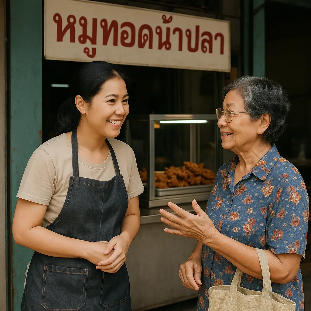 สาวจูนขายหมูทอดน้ำปลาในตลาด