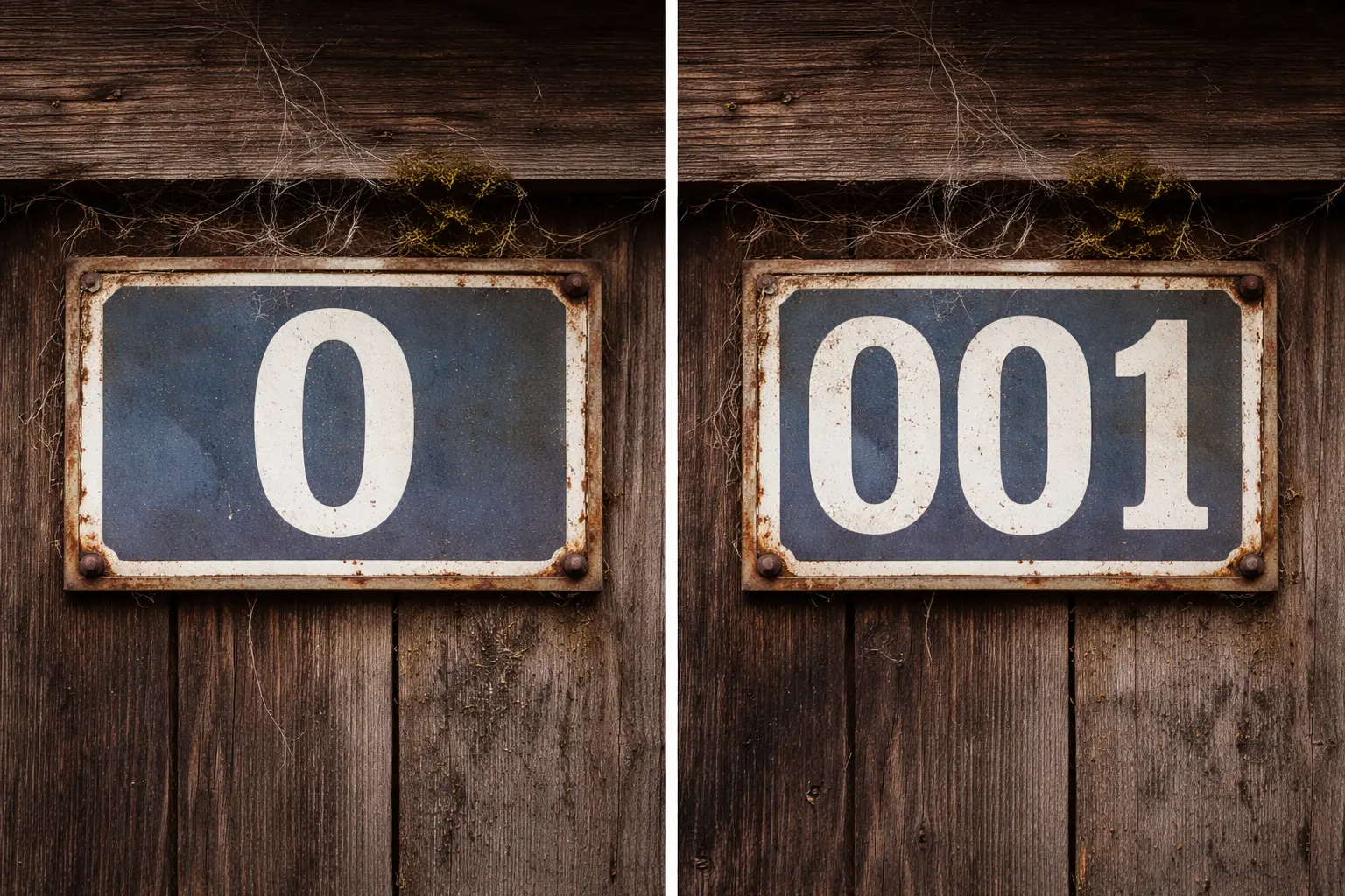 ป้ายบ้านและเงาไม้ที่ดูเหมือนเลขศูนย์ในช่วงเวลาใกล้กัน