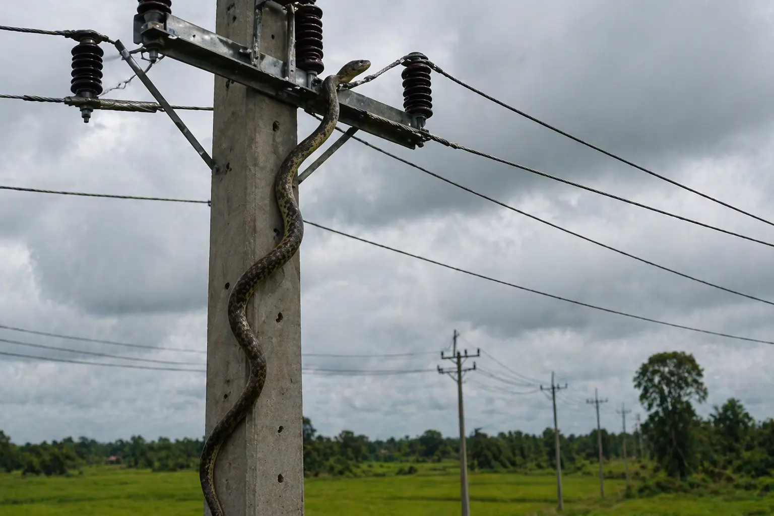 งูเลื้อยข้ามเสาไฟกลางทุ่ง