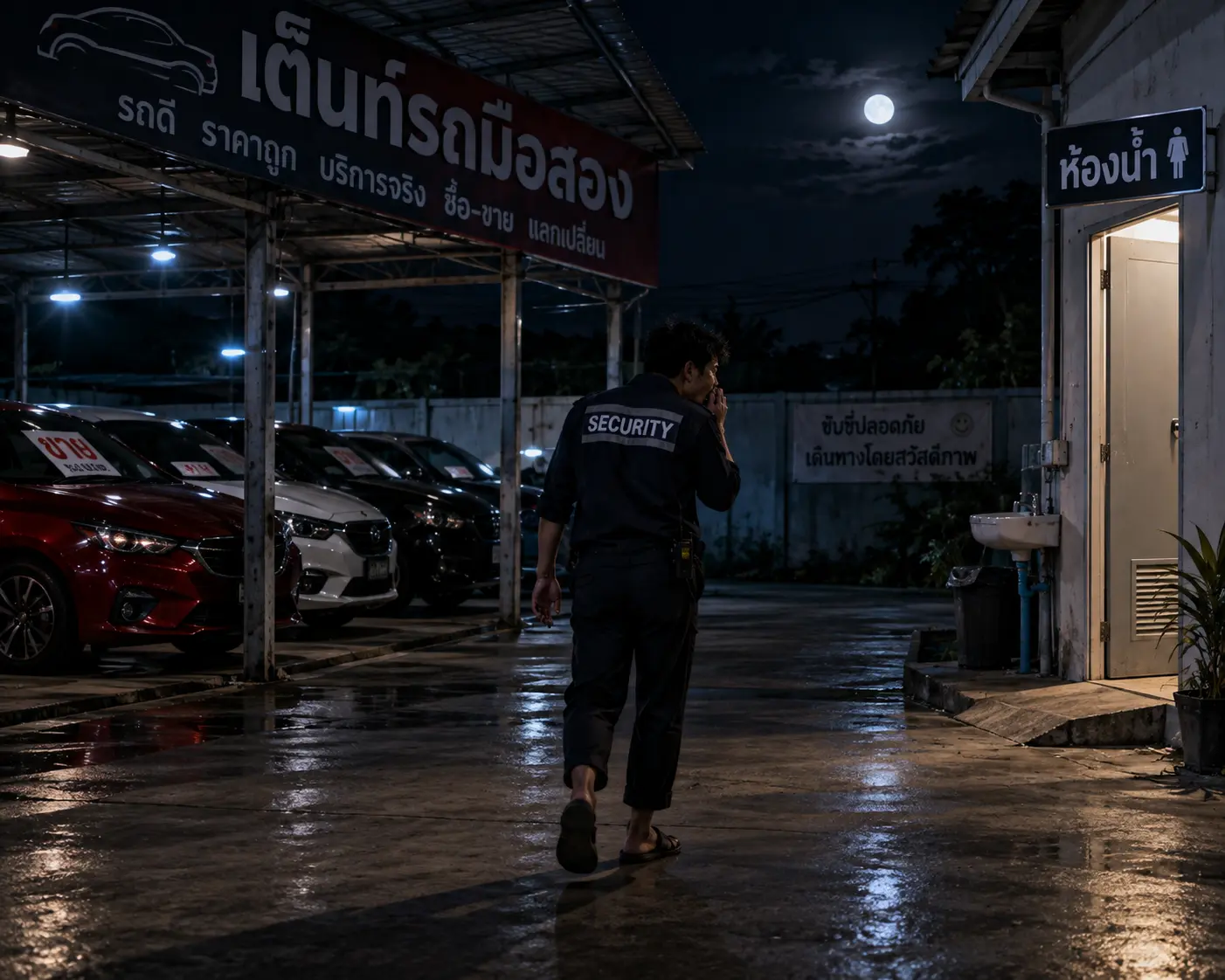 คนงานเดินงัวเงียไปเข้าห้องน้ำ