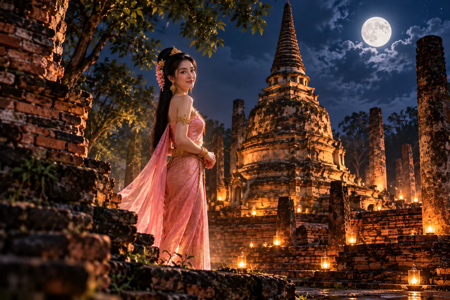 หญิงสาวชุดไทยสีชมพู