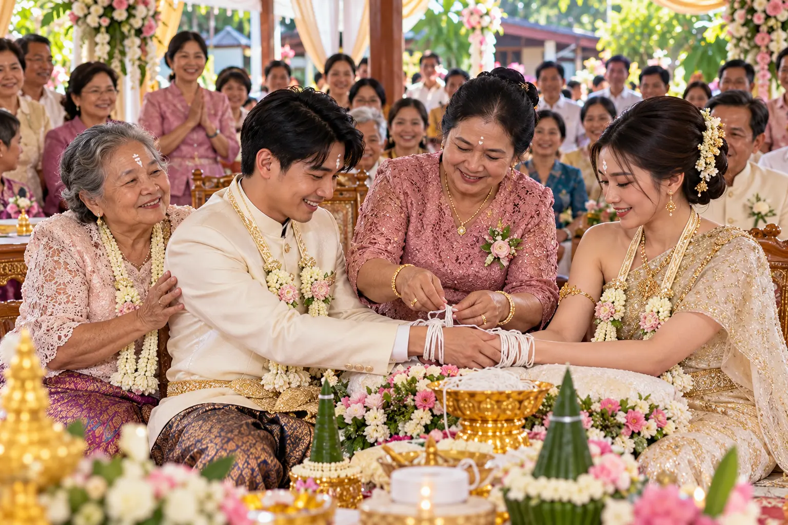 พิธีผูกข้อมือวิวาห์ไทยแสนอบอุ่น